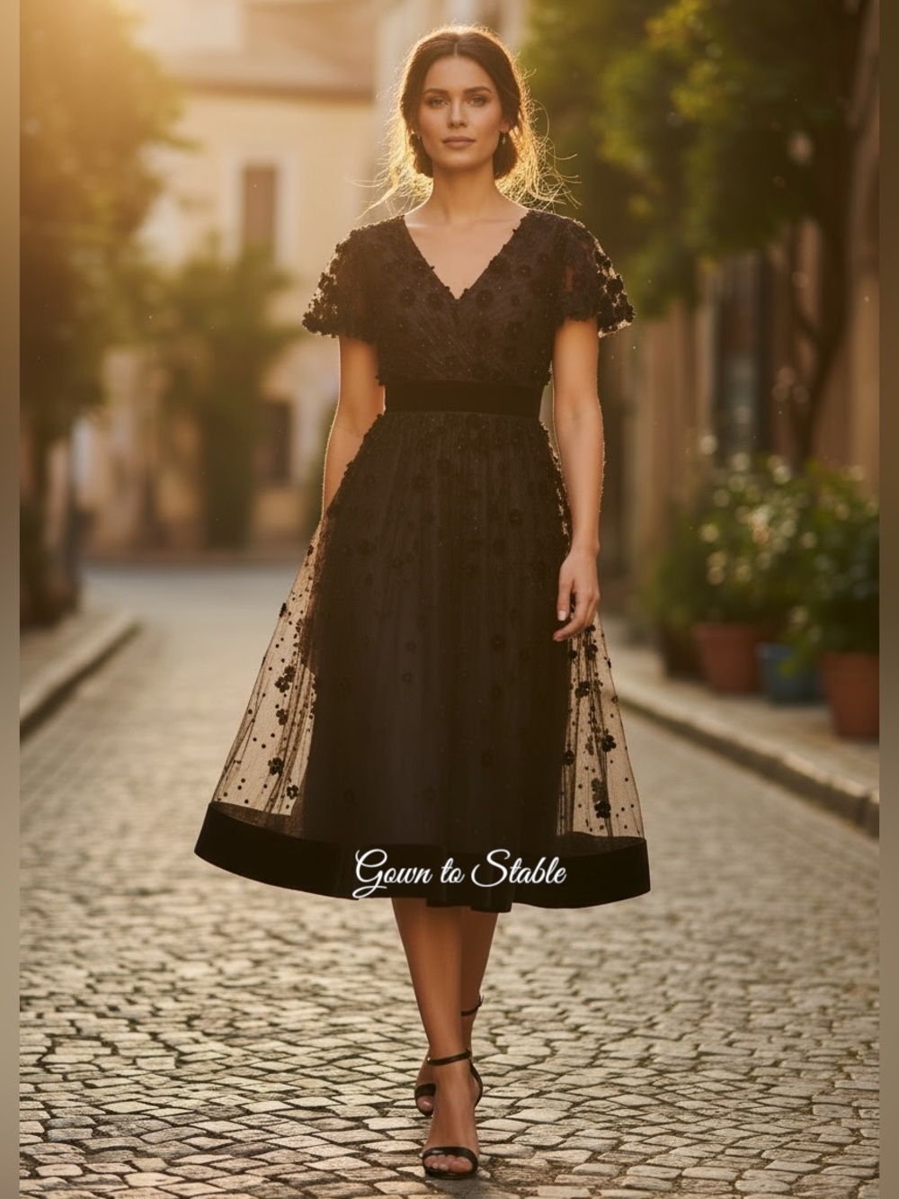Mac Duggal 67854 NWOT Black Embellished Butterfly Sleeve Velvet Hem Midi Dress